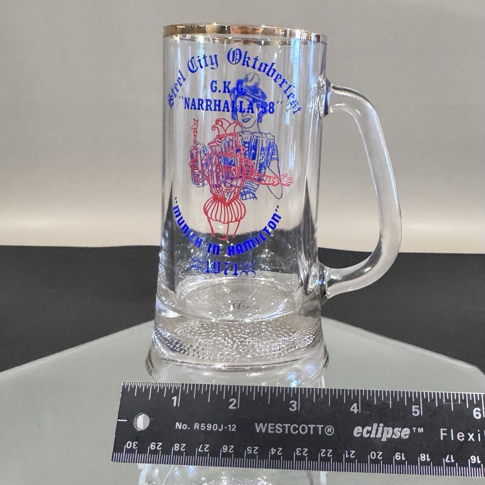 Vintage 1971 Gold Rim Clear Glass Weighted Textured Base Oktoberfest Beer Mug - Picture 8 of 9
